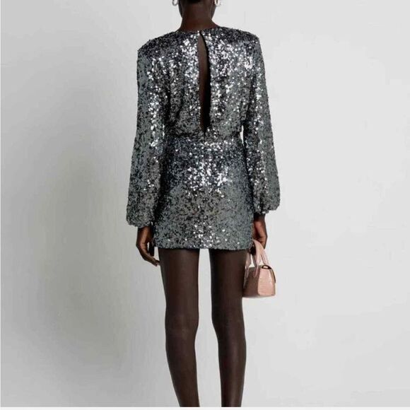 NWT O.P.T Anthropologie Silver Grey Sequin Deep V Neck Mini Party Dress Xsmall - Picture 6 of 7